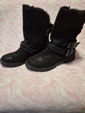 Black Faux-Fur Combat Boots with Braided Strap and Buckles